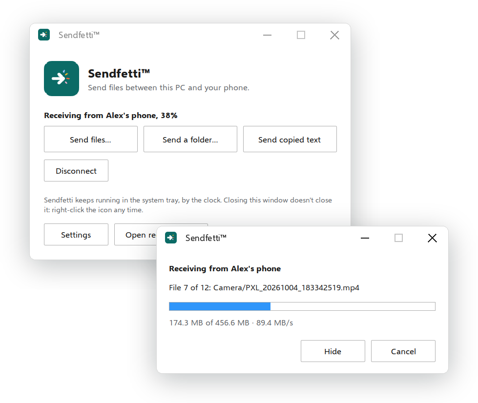 Sendfetti for Windows: the main window, and a window showing photos and a video arriving from a phone